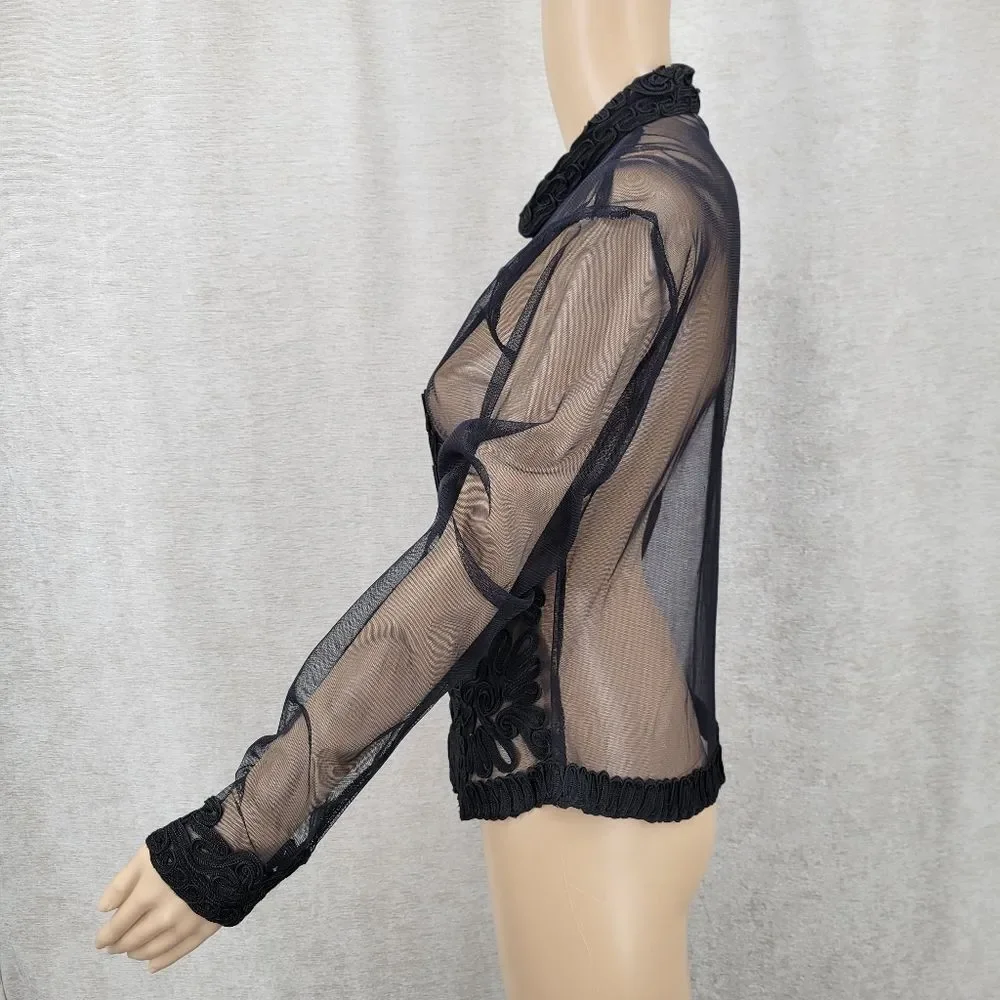 Vintage Sheer Black Soutache Embroidery Button Up Blouse Mobwife Mesh  Illusion